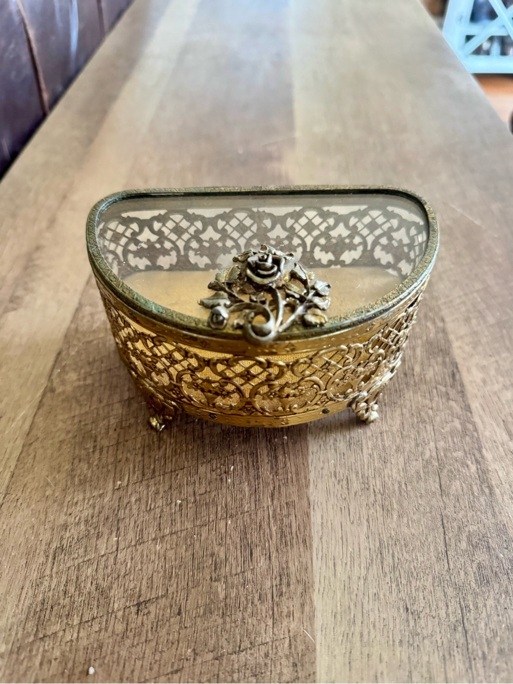 Vintage Hollywood Regency-style gold ormolu filigree jewelry casket half moon